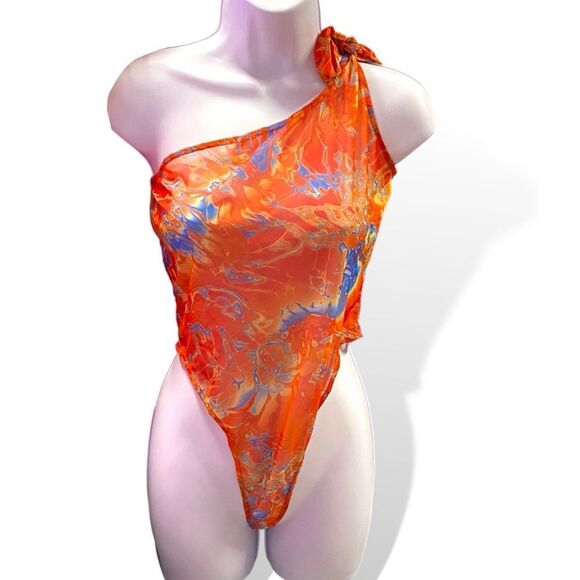 Dolls Kill X Rxch Orange Splash Mesh Thong Hyperpigmented One Shoulder Bodysuit - Picture 1 of 5